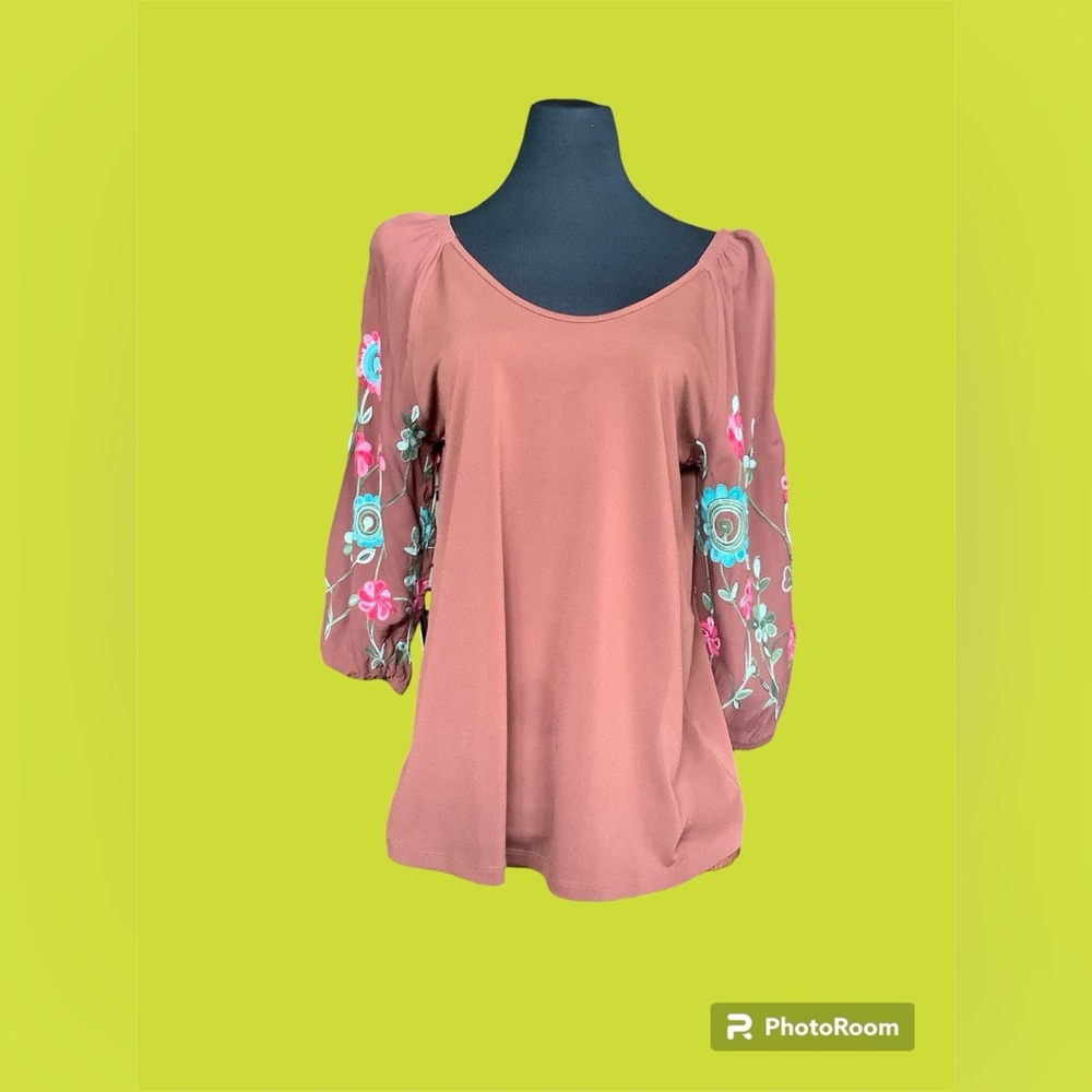 Ladies Brown Knit Embroidered Sleeve Top